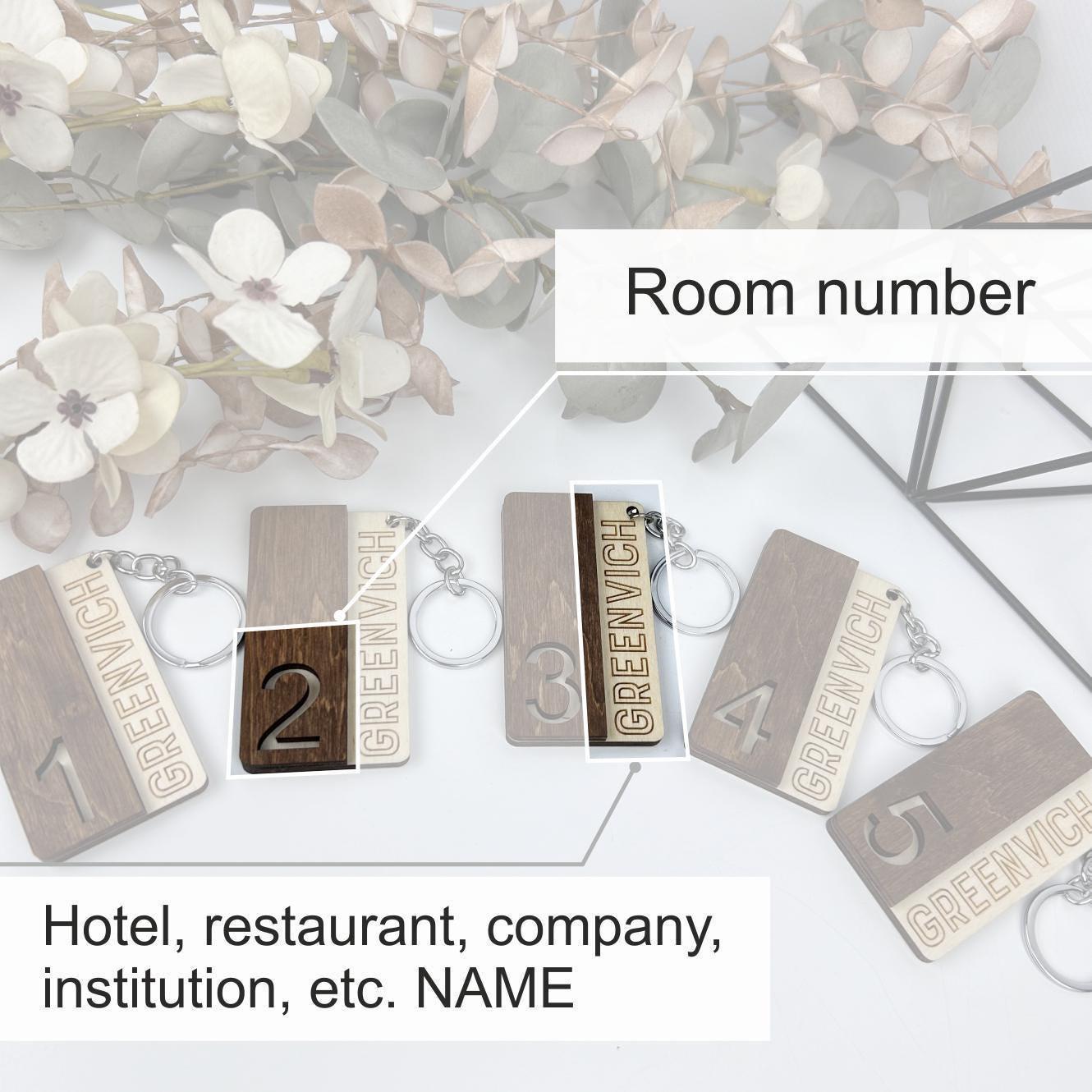 Engraved wood key, room number tag, custom logo keychain, numbers keyrings, custom hotel key tag, hotel room keychain, personalized key tag