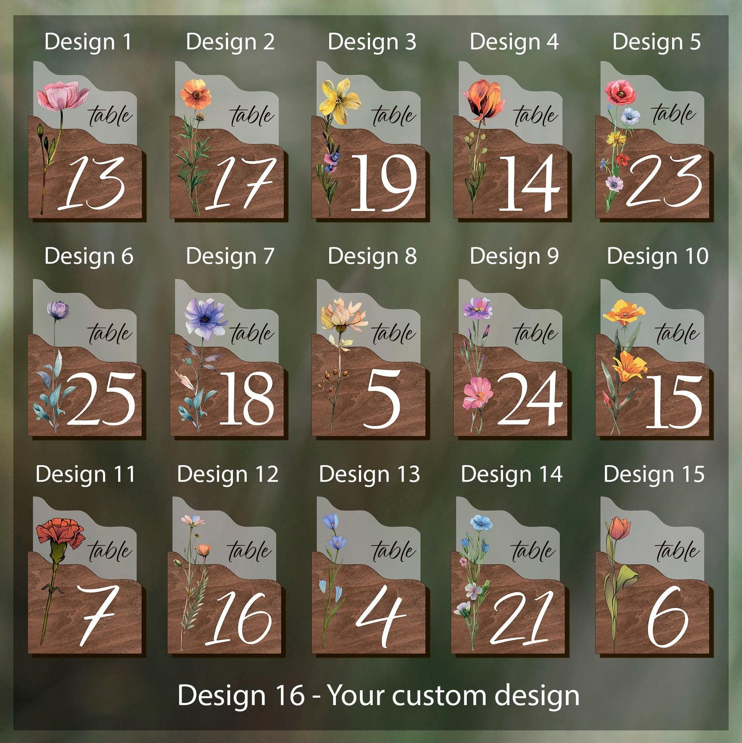Modern wedding table numbers, wood table number set, wedding table decor, wildflower numbers set, clear table number, table decorations