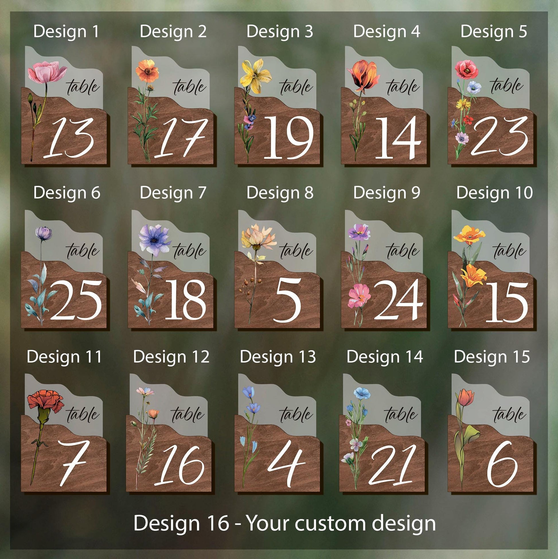 Modern wedding table numbers, wood table number set, wedding table decor, wildflower numbers set, clear table number, table decorations