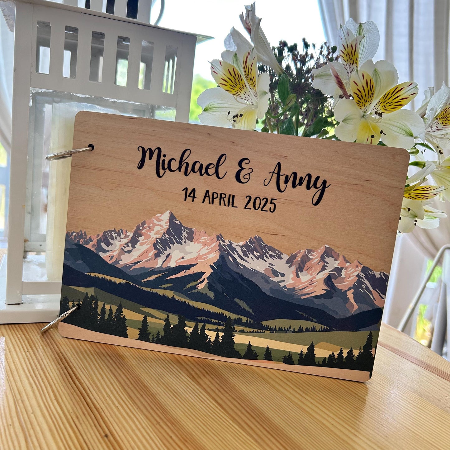 Mountain photo guestbook, photobooth guestbook, mountain photo album, guestbook mountain, boho wooden guest book, photo album wedding