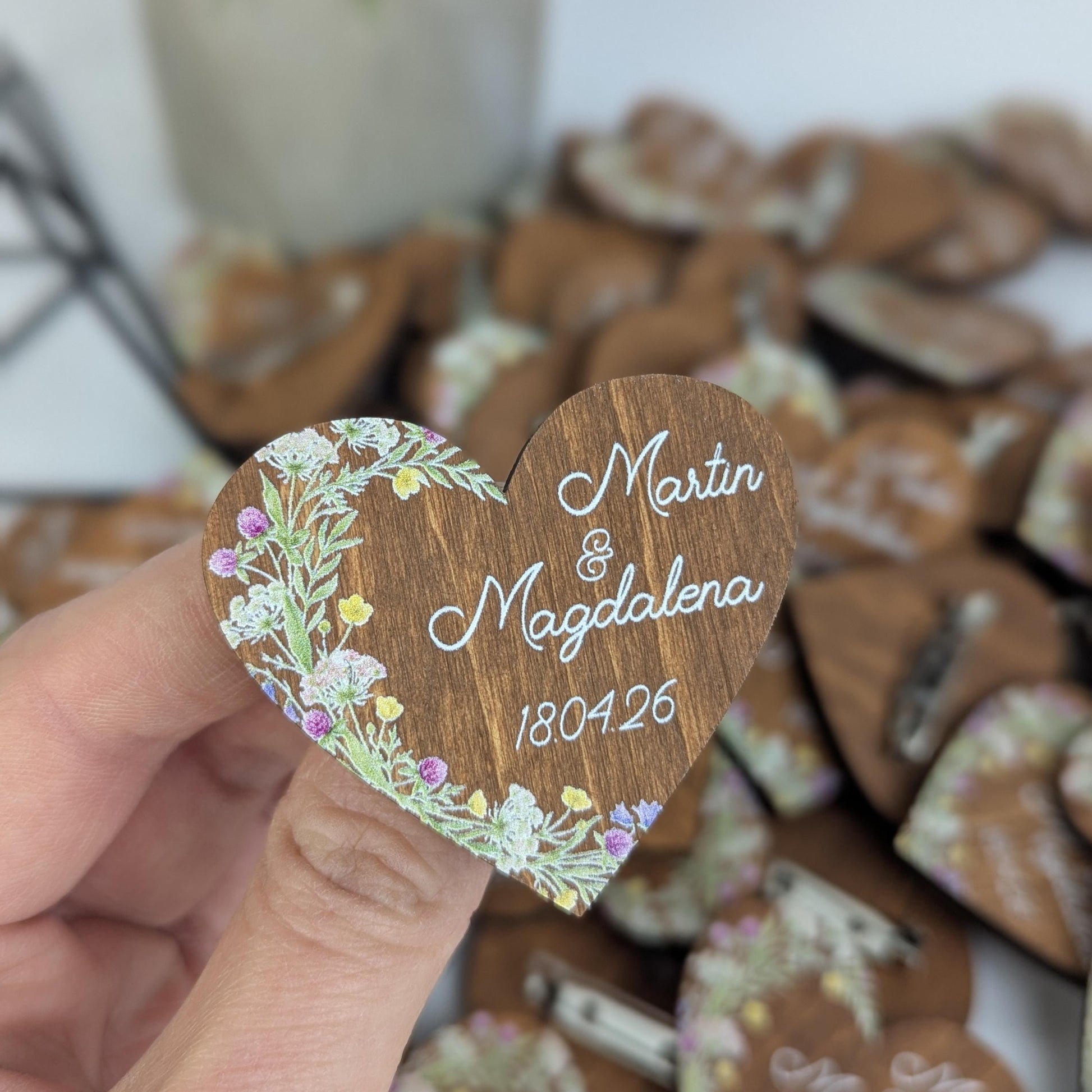 Personalized Heart Wedding Boutonniere, Custom Wooden Name Pins for Guests