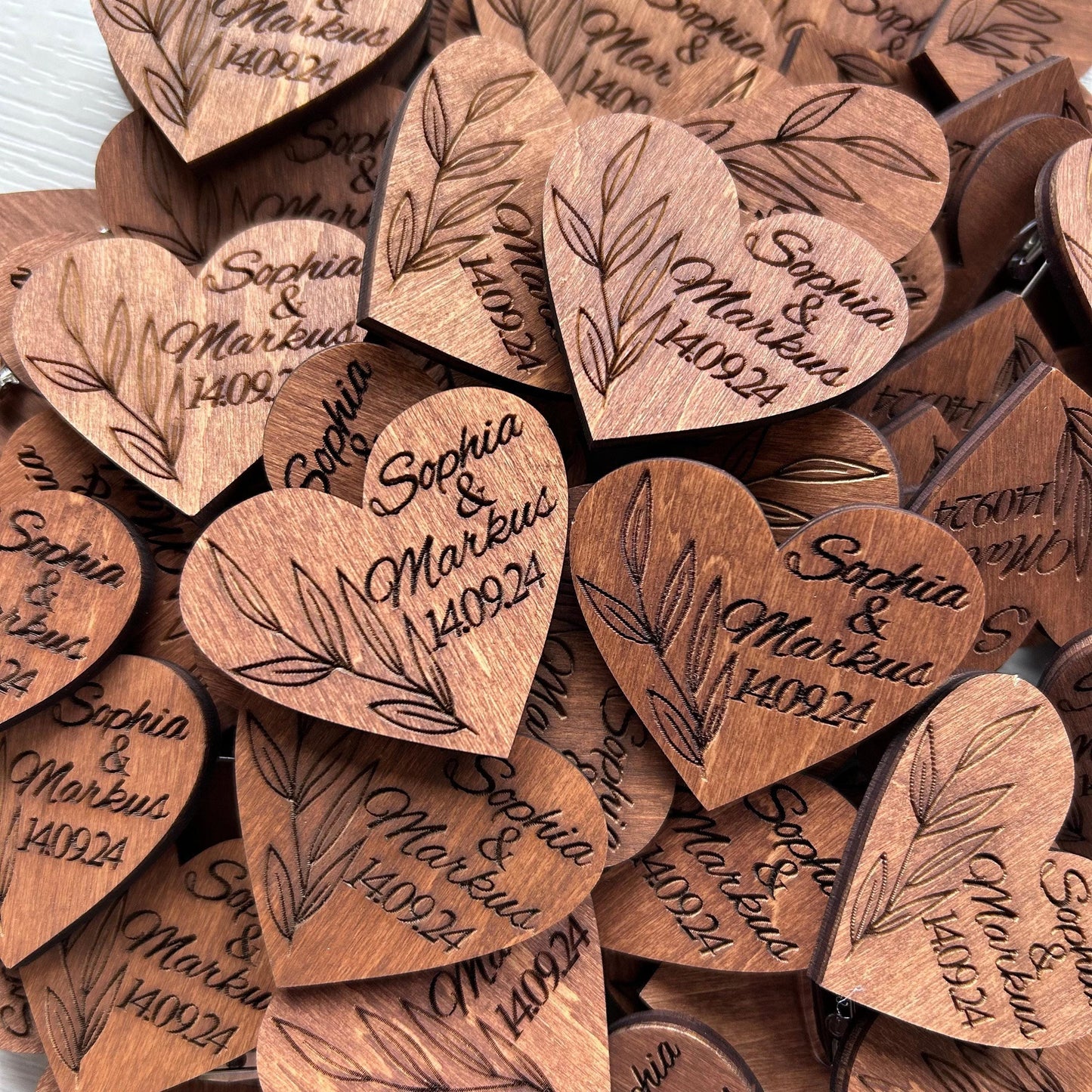 Wedding custom wood tag, guest boutonnieres, custom initial pins, wooden boutonnieres, heart shaped wedding brooches, custom pins bulk
