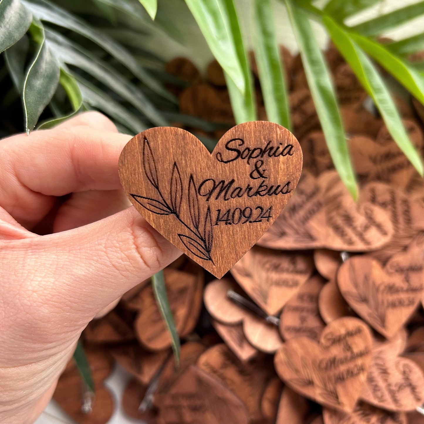 Wedding custom wood tag, guest boutonnieres, custom initial pins, wooden boutonnieres, heart shaped wedding brooches, custom pins bulk