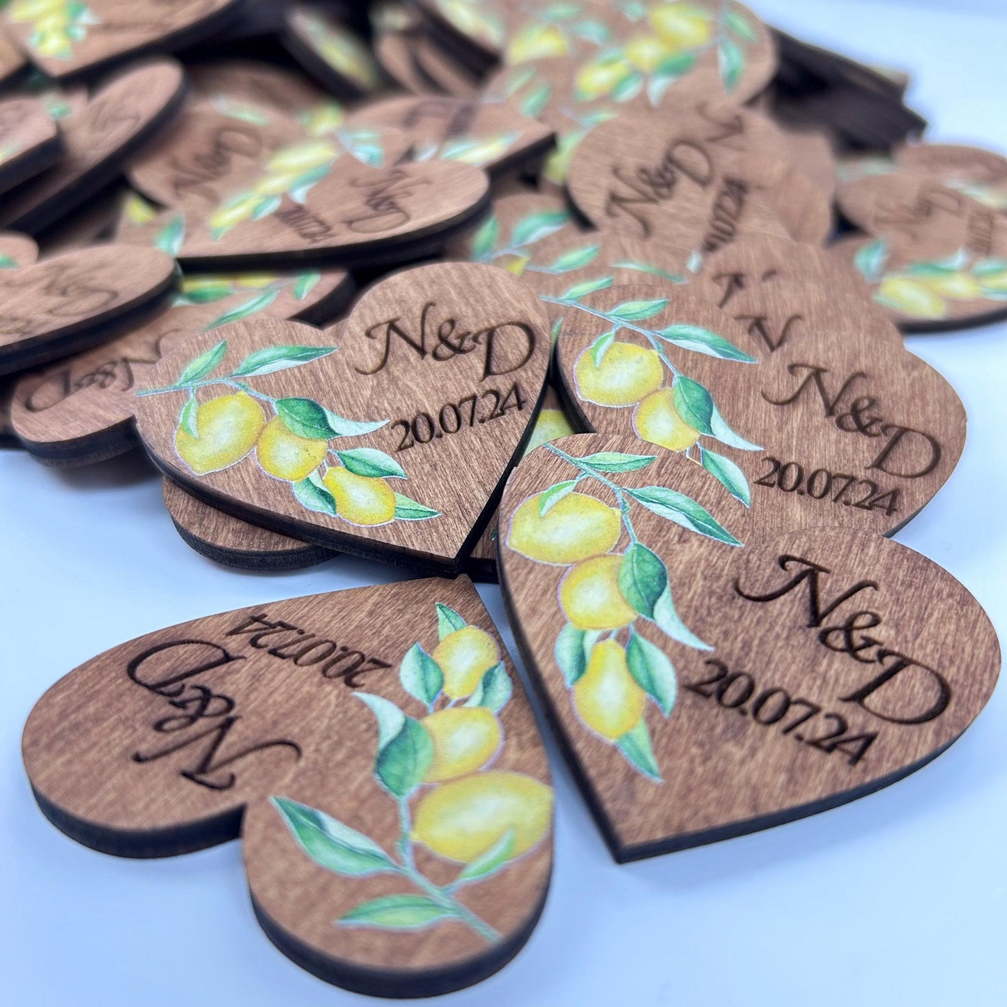Yellow wedding boutonnieres, custom wedding pins, personalized wooden boutonnieres, heart shaped tags, engraved name pin, custom initial tag