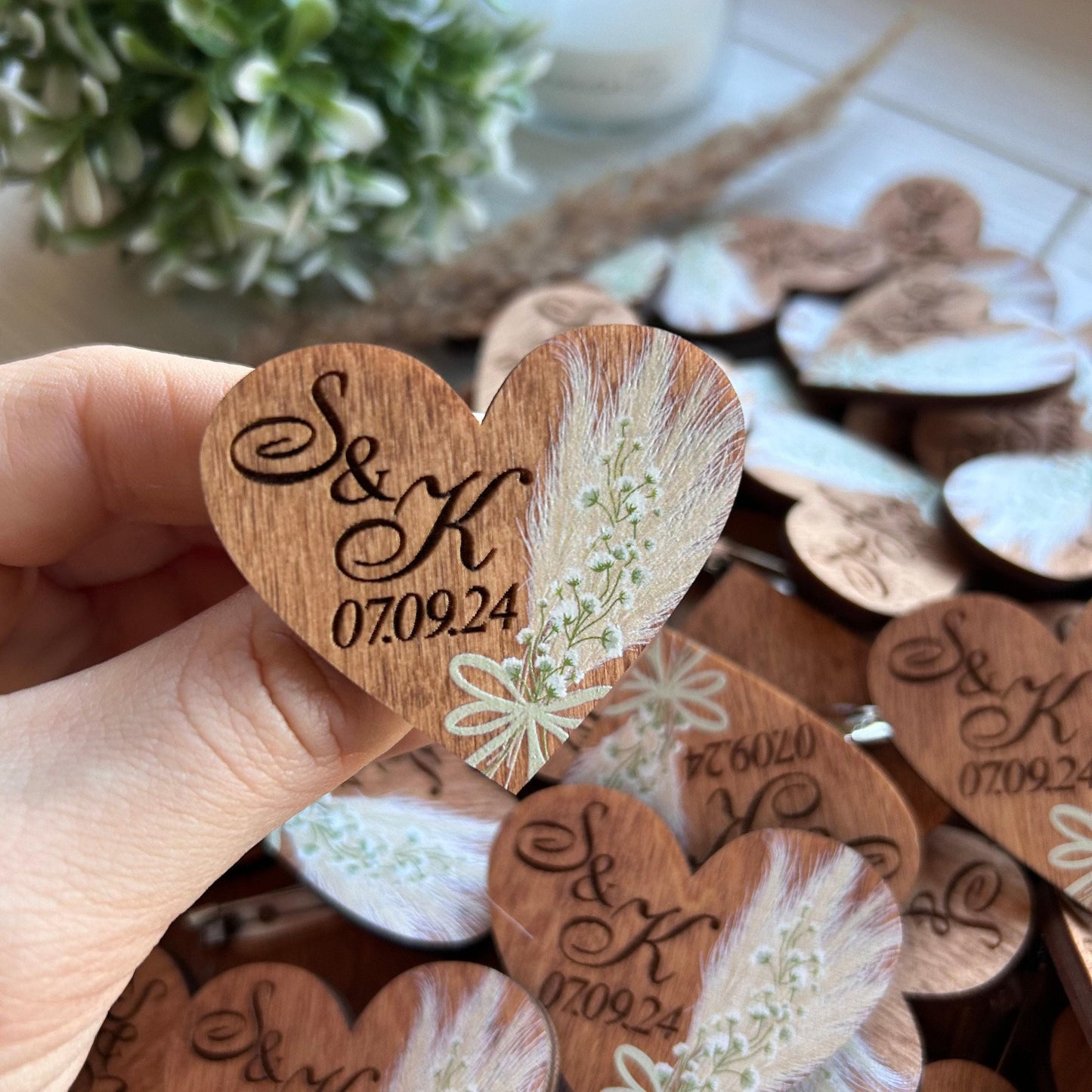 Boho groomsmen pocket boutonniere, wedding lapel pin, wooden heart brooch, custom name tag