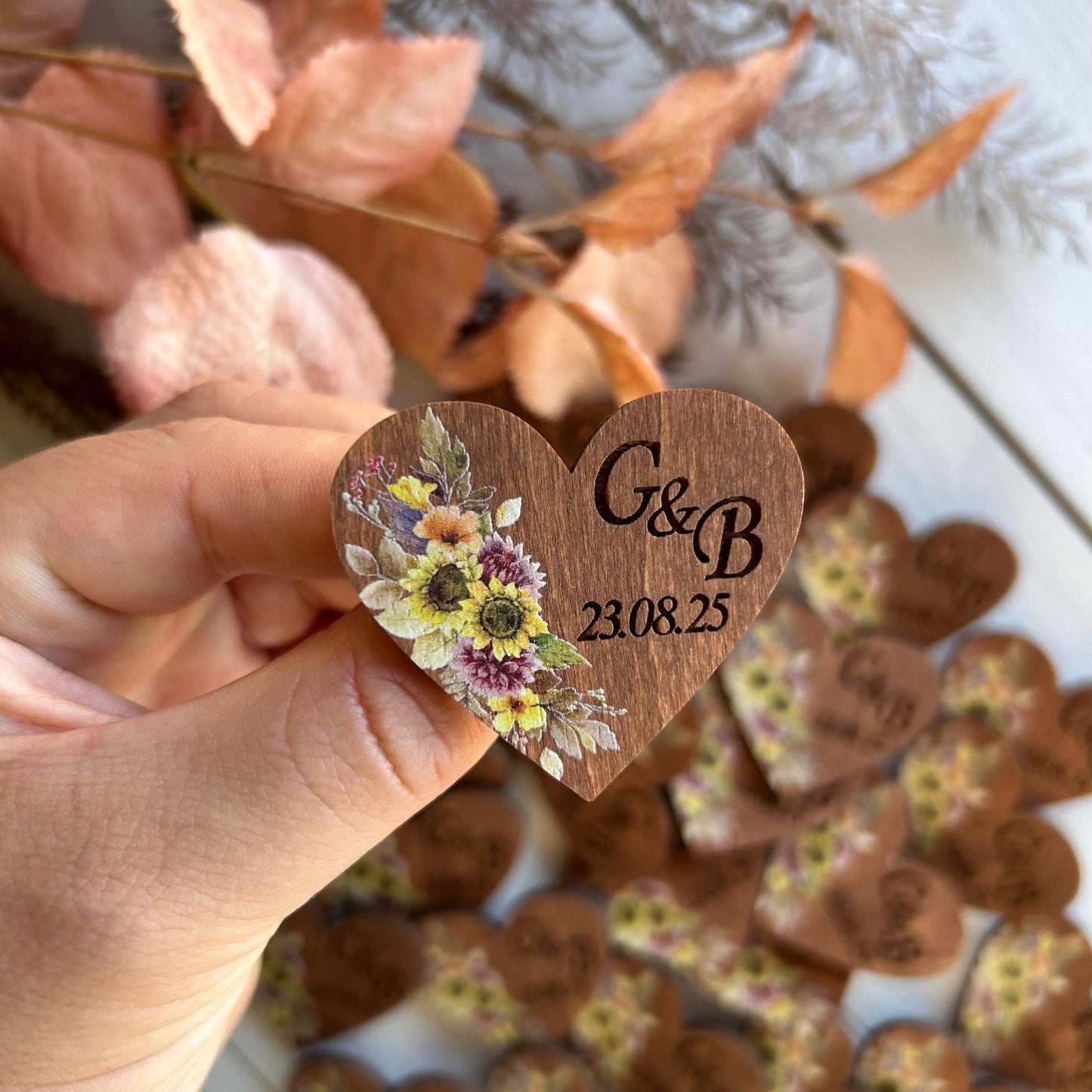 Sunflower Heart Pins – Wedding Date Hearts, Engraved Wooden Name Tags, Heart Shaped Rustic Wedding Pins
