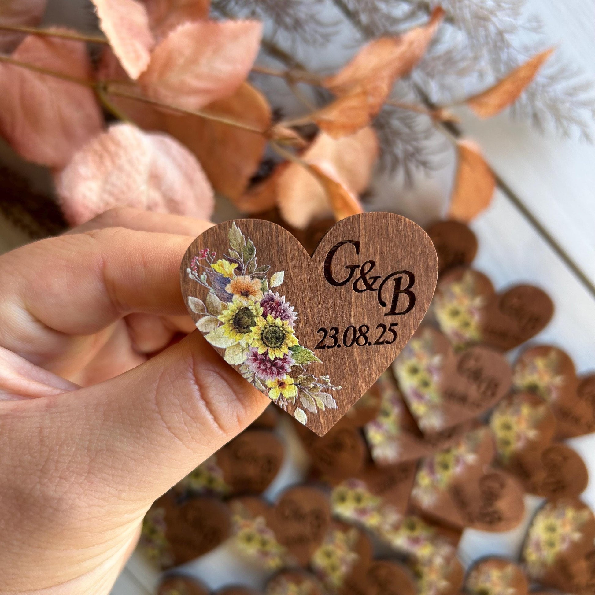 Sunflower Heart Pins – Wedding Date Hearts, Engraved Wooden Name Tags, Heart Shaped Rustic Wedding Pins