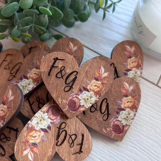 Wooden Wedding Pins, Heart Boutonniere, Wedding Favors for Guests, Personalized Guest Gift