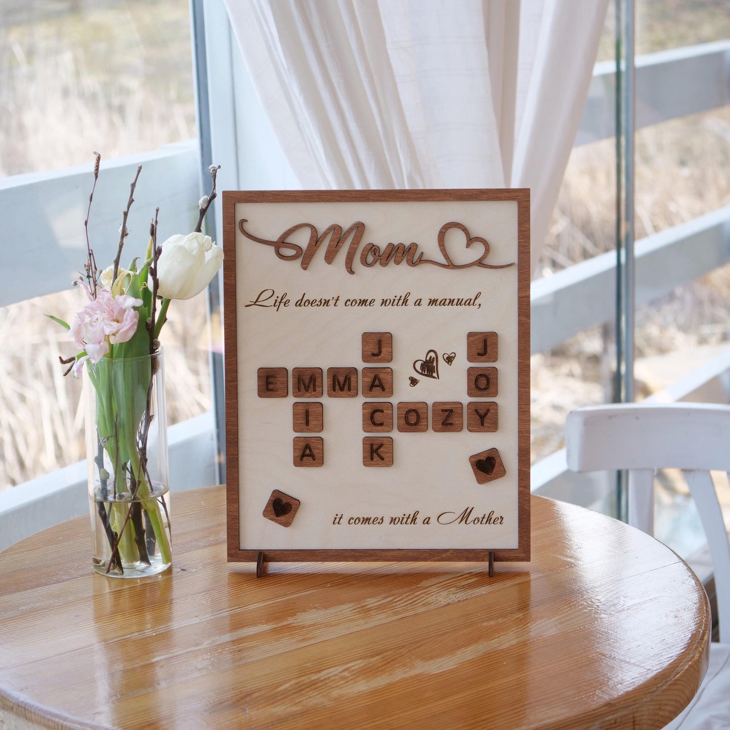 Family Crossword Art, Wood Engraved Sign, Personalized Family Crossword Sign, Wooden Gift for Mom