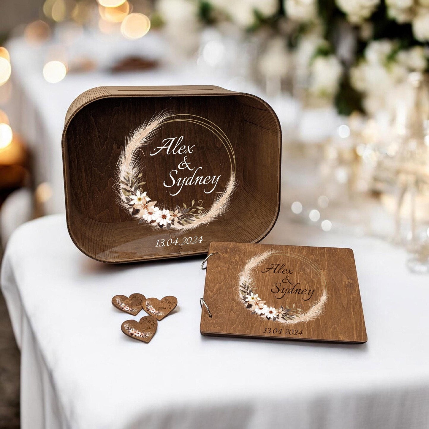 3 Piece Wedding Set, Aesthetic Wedding Decor, Wooden Card Box Guest Book and Personalized Boutonnieres Set