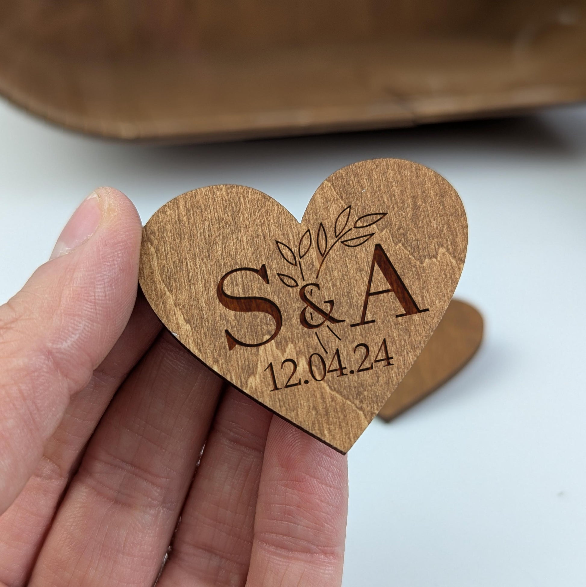 Wedding Decorations Set, 3 Piece Wooden Decor, Card Box Guest Book and Personalized Boutonnieres with Branch Design