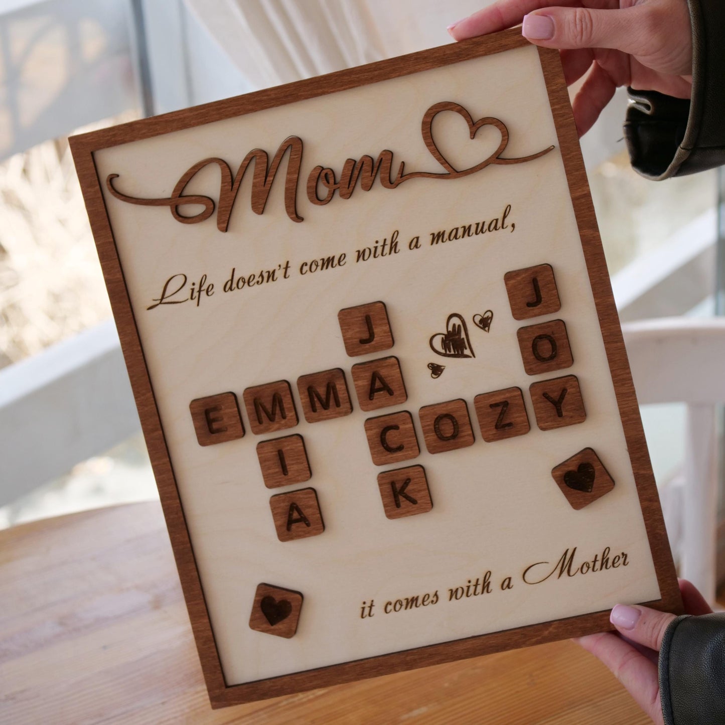 Family Crossword Art, Wood Engraved Sign, Personalized Family Crossword Sign, Wooden Gift for Mom