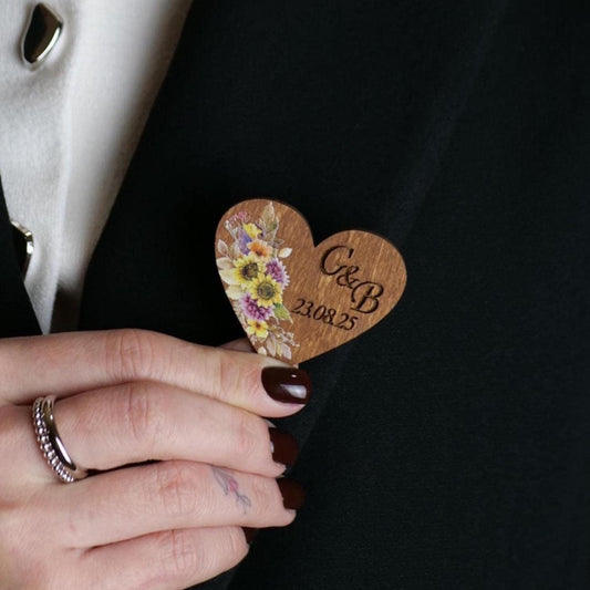 Sunflower Heart Pins – Wedding Date Hearts, Engraved Wooden Name Tags, Heart Shaped Rustic Wedding Pins
