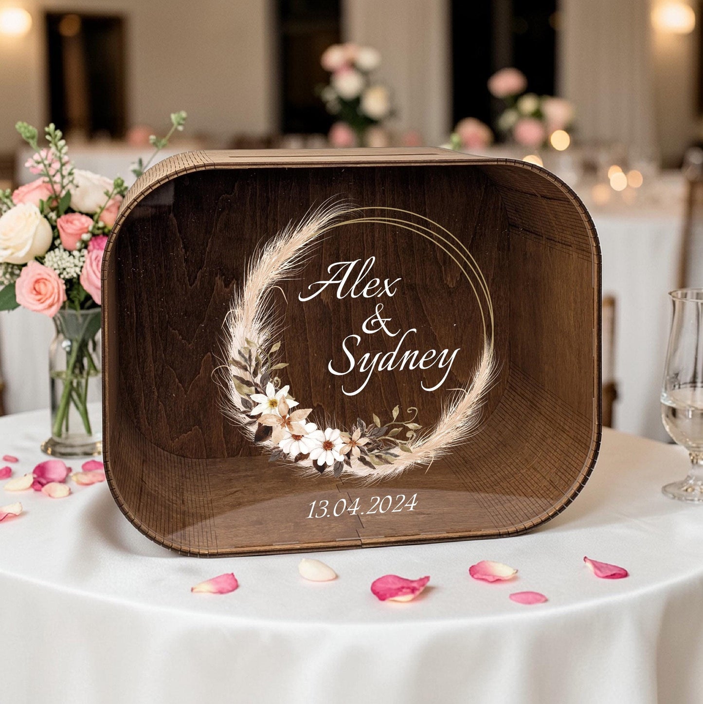 3 Piece Wedding Set, Aesthetic Wedding Decor, Wooden Card Box Guest Book and Personalized Boutonnieres Set