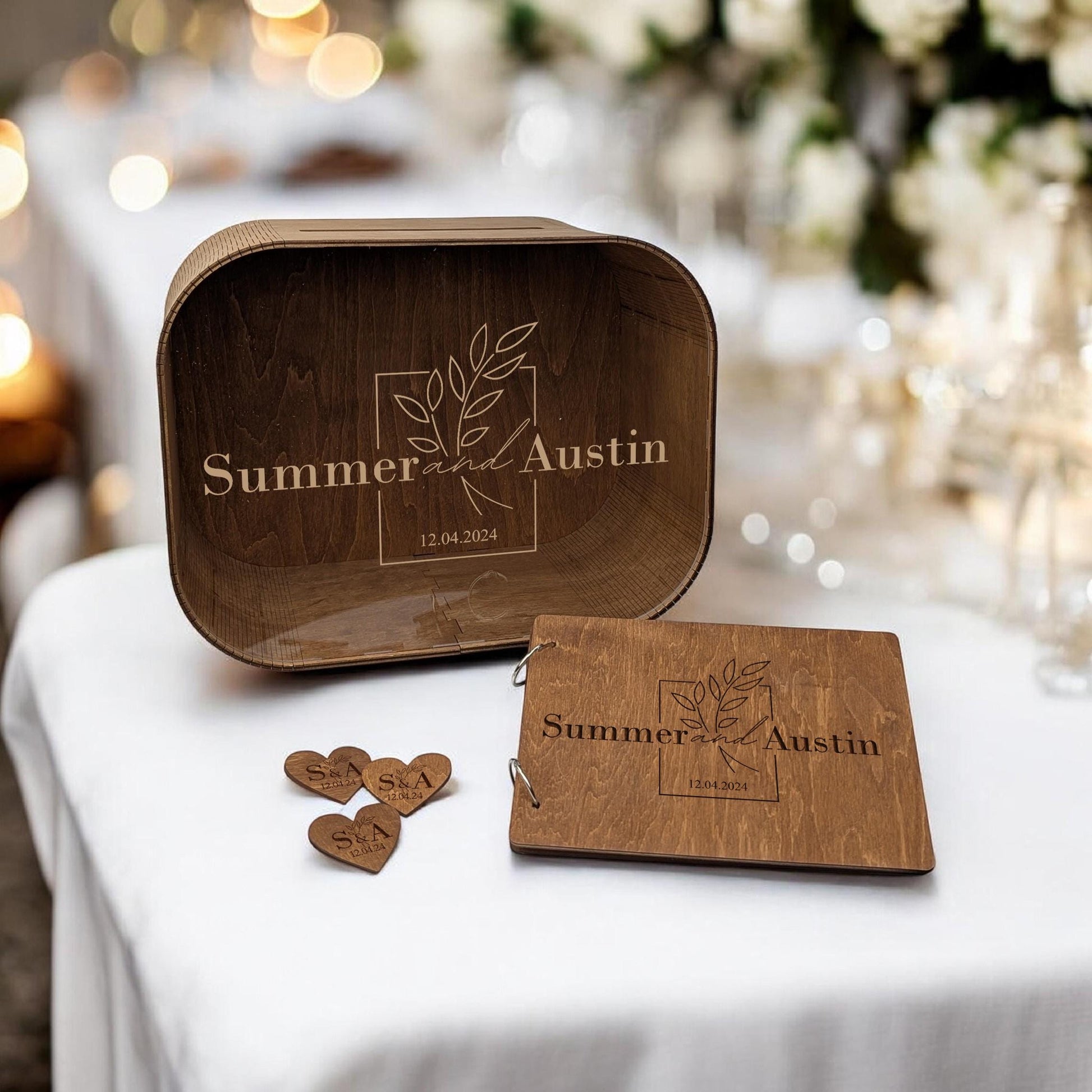 Wedding Decorations Set, 3 Piece Wooden Decor, Card Box Guest Book and Personalized Boutonnieres with Branch Design