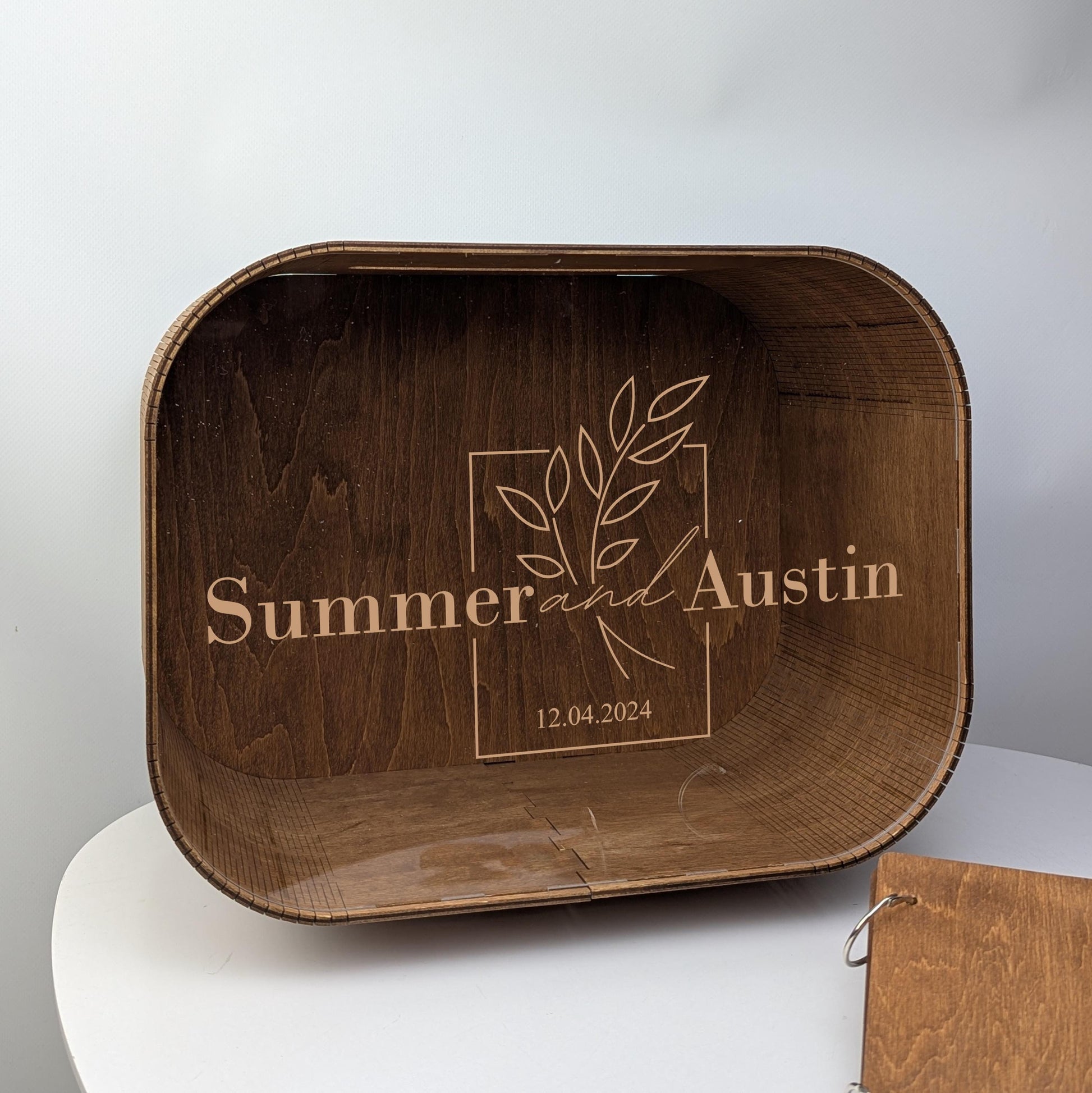 Wedding Decorations Set, 3 Piece Wooden Decor, Card Box Guest Book and Personalized Boutonnieres with Branch Design