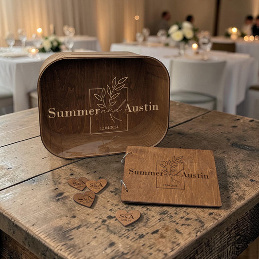 Wedding Decorations Set, 3 Piece Wooden Decor, Card Box Guest Book and Personalized Boutonnieres with Branch Design