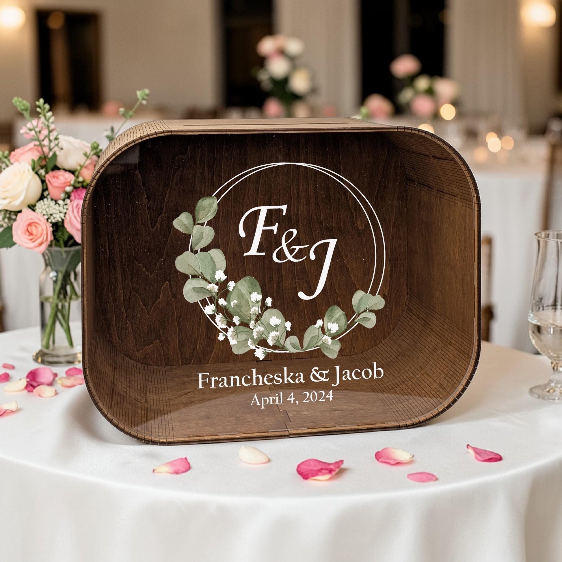 Eucalyptus Wedding Set, Card Box, Guest Book and Personalized Boutonnieres with Greenery Design