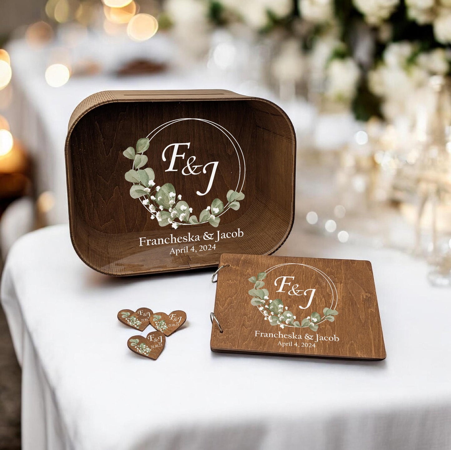 Eucalyptus Wedding Set, Card Box, Guest Book and Personalized Boutonnieres with Greenery Design